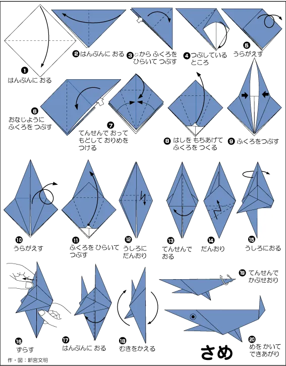 折り紙のサメの作り方:初心者向けの簡単な折り方 diagram