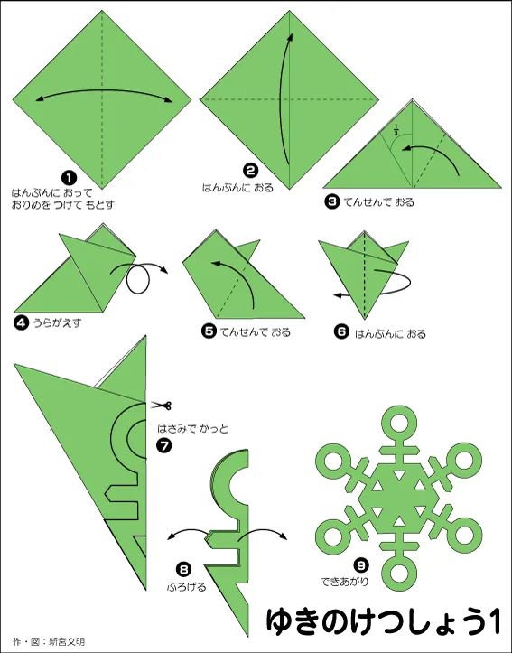 折り紙の雪の結晶の作り方 - 簡単な折り方ガイド diagram