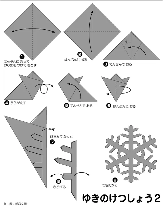 折り紙の雪の結晶の作り方 - 簡単な折り方ガイド diagram