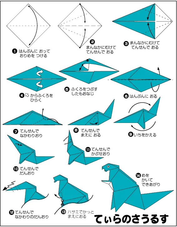 Hướng dẫn gấp Khủng long ăn thịt - Gấp giấy Origami diagram
