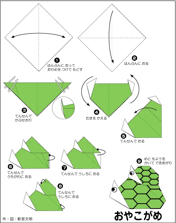 折り紙の親子のカメの作り方 - 簡単な折り方ガイド diagram