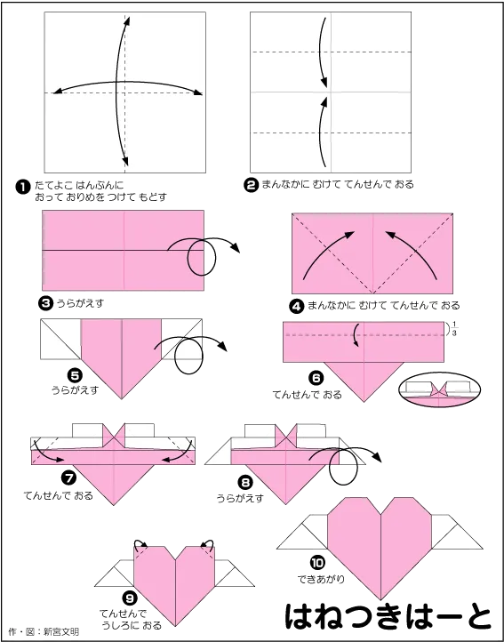 Hướng dẫn gấp Trái tim có cánh - Gấp giấy Origami diagram
